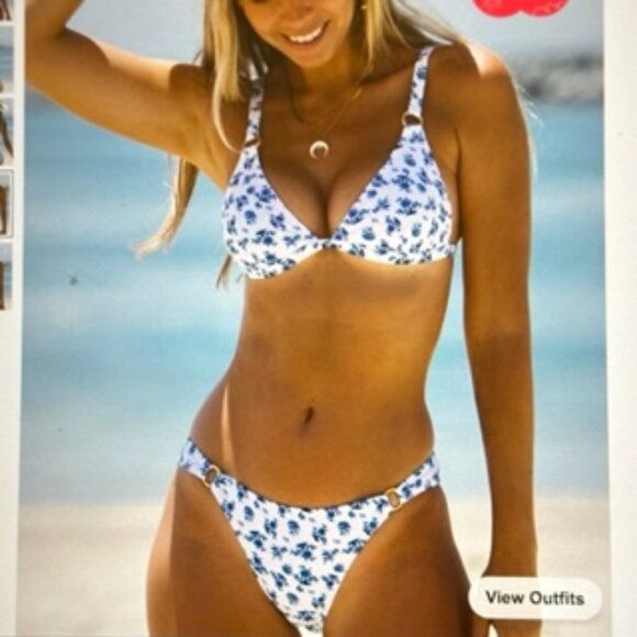 Brand New Ditsy Floral Ring Linked Triangle Bikini Swimsuit Blue & White Various - Picture 2 of 8